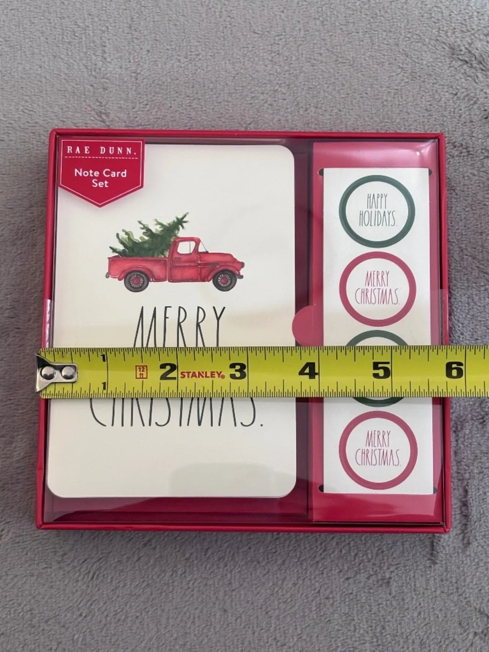 (2 LOT) Rae Dunn Merry Christmas 12 Note Card Set Red Truck & Tree w/Stickers